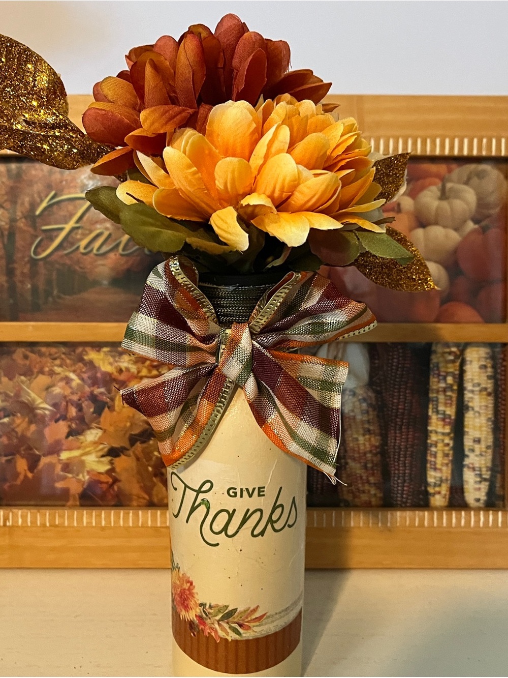 Give Thanks Fall Floral Bottle Vase - Orange Plaid Bow
